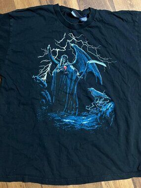Vintage Greensource Reaper Skull T Shirt Mens Size XL Y2K Skater Grim Reaper Tee